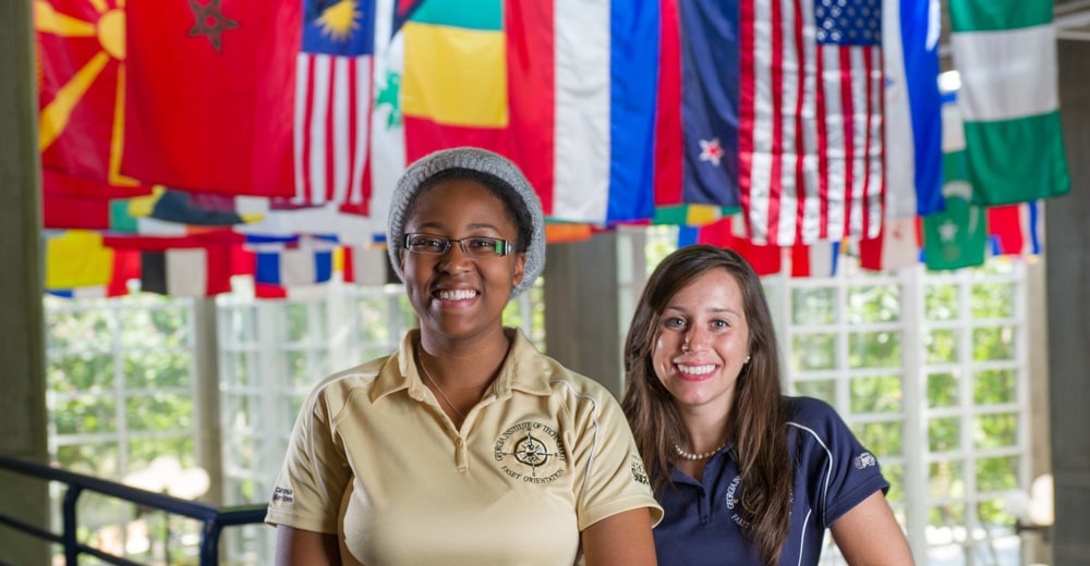 Students in Tech's Flag building